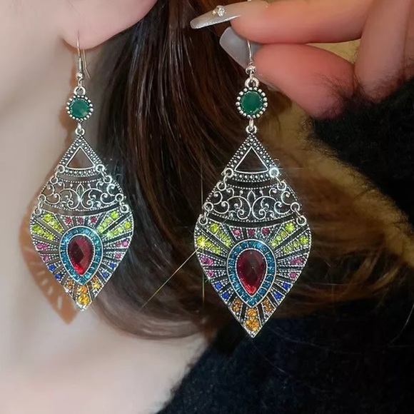 Boho Tibetan Teardrop Colorful Pendant Dangle Large Crystal Statement Earrings - Picture 2 of 7